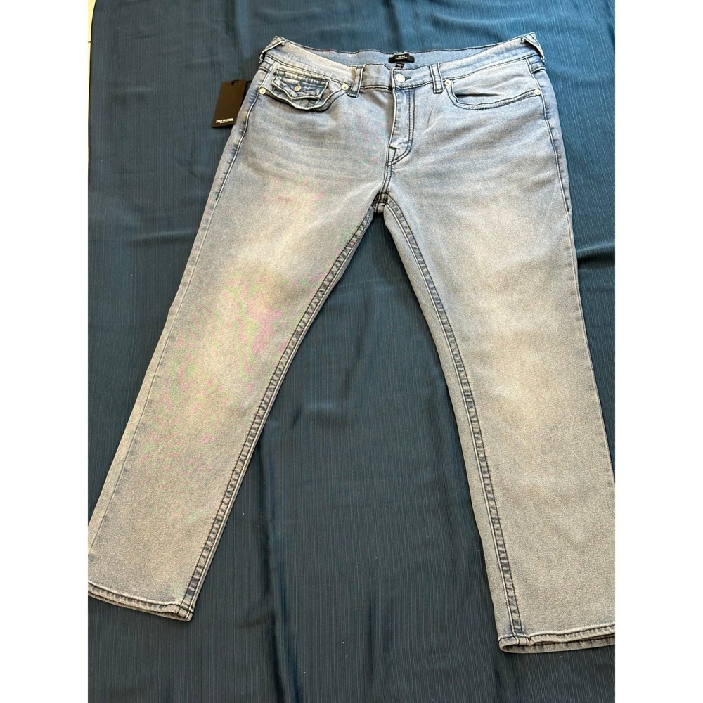 True Religion Geno Big T Flap Slim Jeans Light Icy Blue Pine Wash Mens 40x31